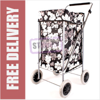 Colorado Premium 4 Wheel Shopping Trolley with Adjustable Handle Black/Grey and White Floral Print