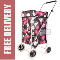 Colorado Premium 4 Wheel Shopping Trolley with Adjustable Handle Black/Pink and White Floral Print
