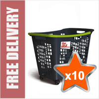 10 x 55 Litre Horizontal Shopping Basket with 4 Wheels - Anthracite with Green Handle