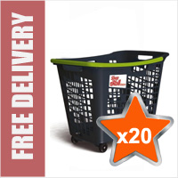 20 x 55 Litre Horizontal Shopping Basket with 4 Wheels - Anthracite with Green Handle