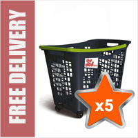 5 x 55 Litre Horizontal Shopping Basket with 4 Wheels - Anthracite with Green Handle