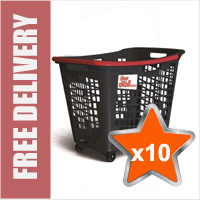 10 x 55 Litre Horizontal Shopping Basket with 4 Wheels - Anthracite with Red Handle