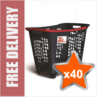 40 x 55 Litre Horizontal Shopping Basket with 4 Wheels - Anthracite with Red Handle