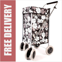Alaska Premium 6 Wheel Swivel Shopping Trolley with Adjustable Handle Black/Grey and White Floral Print