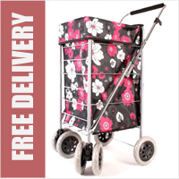 Alaska Premium 6 Wheel Swivel Shopping Trolley with Adjustable Handle Black/Pink and White Floral Print