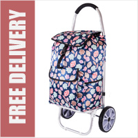 La Rochelle Deluxe 2 Wheel Shopping Trolley with Front and Side Pockets and XL Wheels Blue Leaf Print