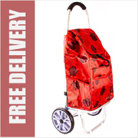La Rochelle Deluxe 2 Wheel Shopping Trolley with Front and Side Pockets and XL Wheels Red with Black Roses Print