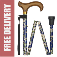 Ladies Blue Morris Floral Aluminium Folding 4-Part Walking Stick with Derby Wooden Handle (32.5" to 37")