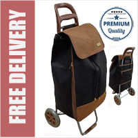 Premium Pebble Grain Leather Look Suede 2 Wheel Shopping Trolley Heavy Duty with Extra Large Capacity Expandable Bag Black/Brown