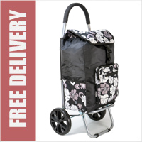Torino Deluxe 2 Wheel Shopping Trolley Heavy Duty with Front and Side Pockets and XL Wheels Black White Floral