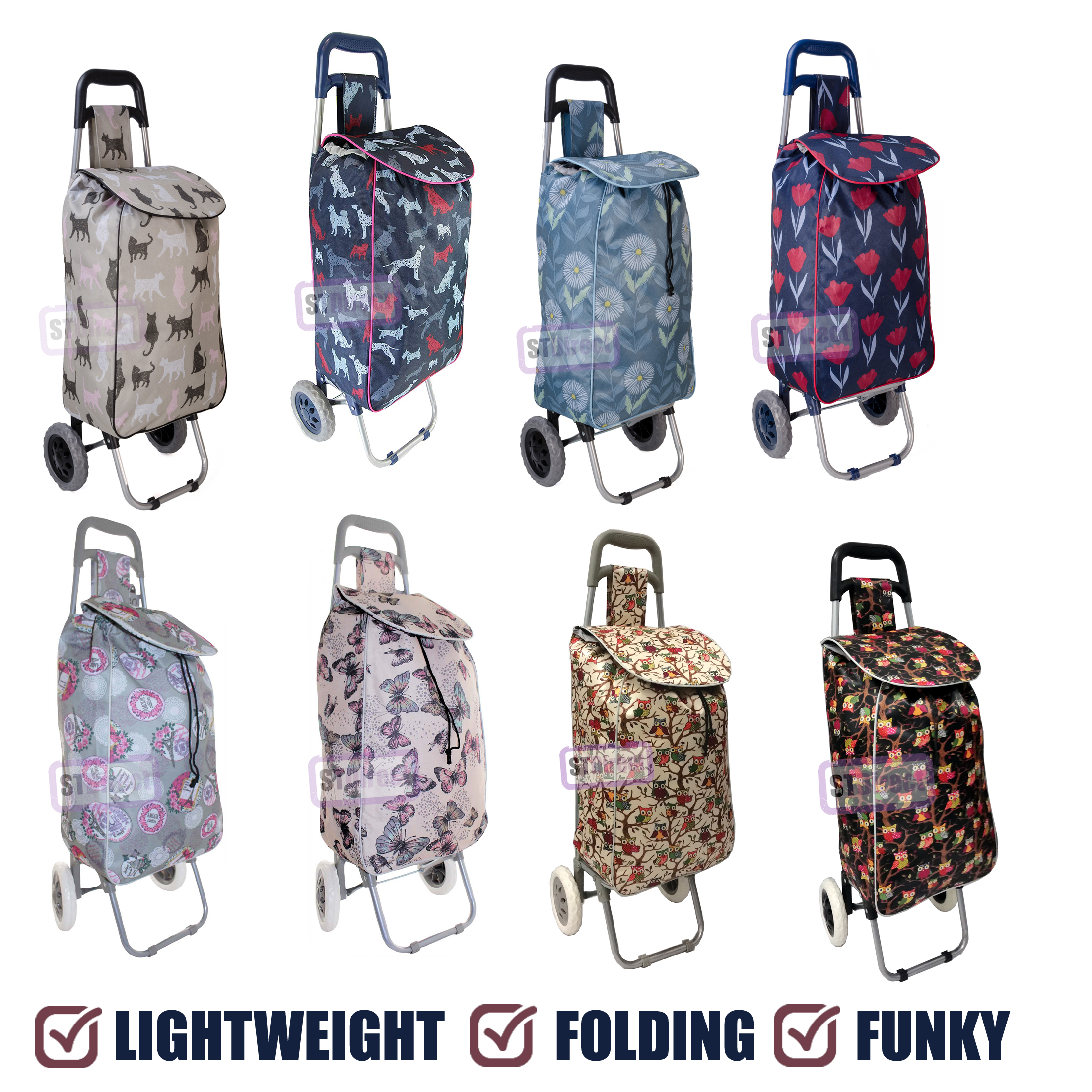 Hoppa Lightweight Shopping Trolley Butterflies Trendy Folding/Collapsible Push/Pull Carts Navy 