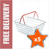 5 x 23 Litre Large Wire Shopping Hand Baskets (Red Handles)