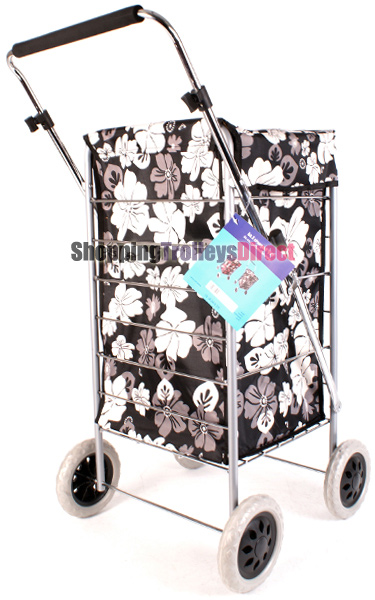 Colorado Premium 4 Wheel Shopping Trolley with Adjustable Handle Black with Grey and White Floral Print #2