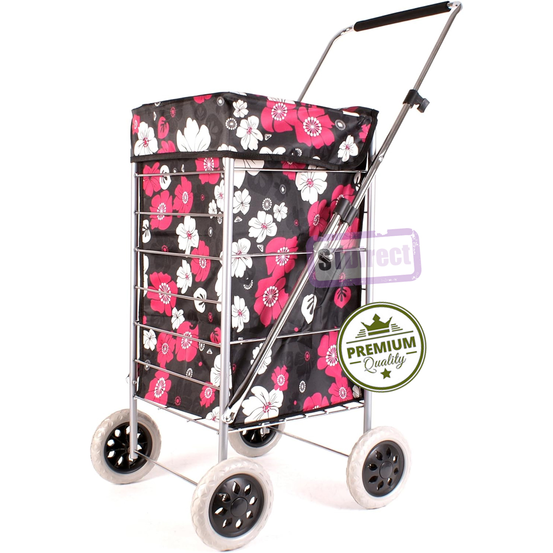 Colorado Premium Wheel Trolley with Adjustable Handle Black with Pink and White Floral Print, Funky / Trendy