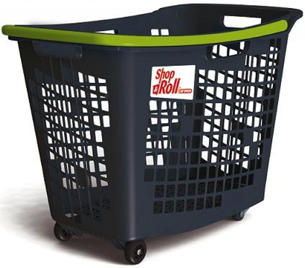 55 Litre Horizontal Shopping Basket with 4 Wheels - Anthracite with Green Handle