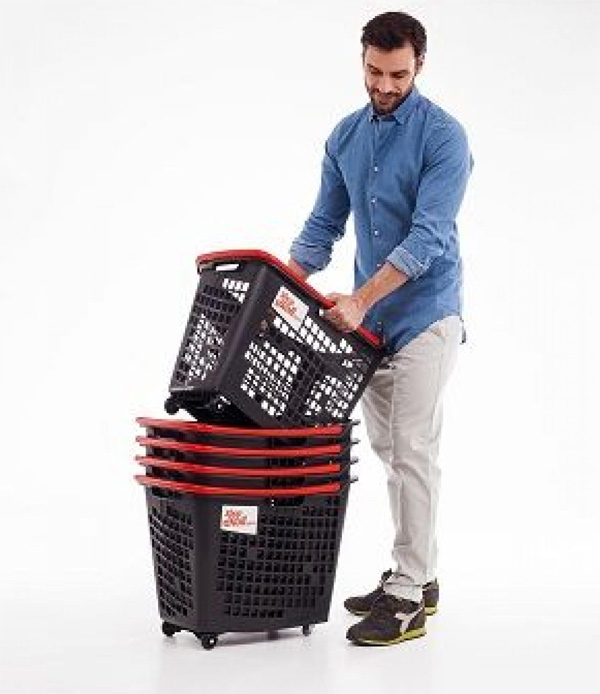 55 Litre Horizontal Shopping Basket with 4 Wheels - Anthracite with Red Handle #2