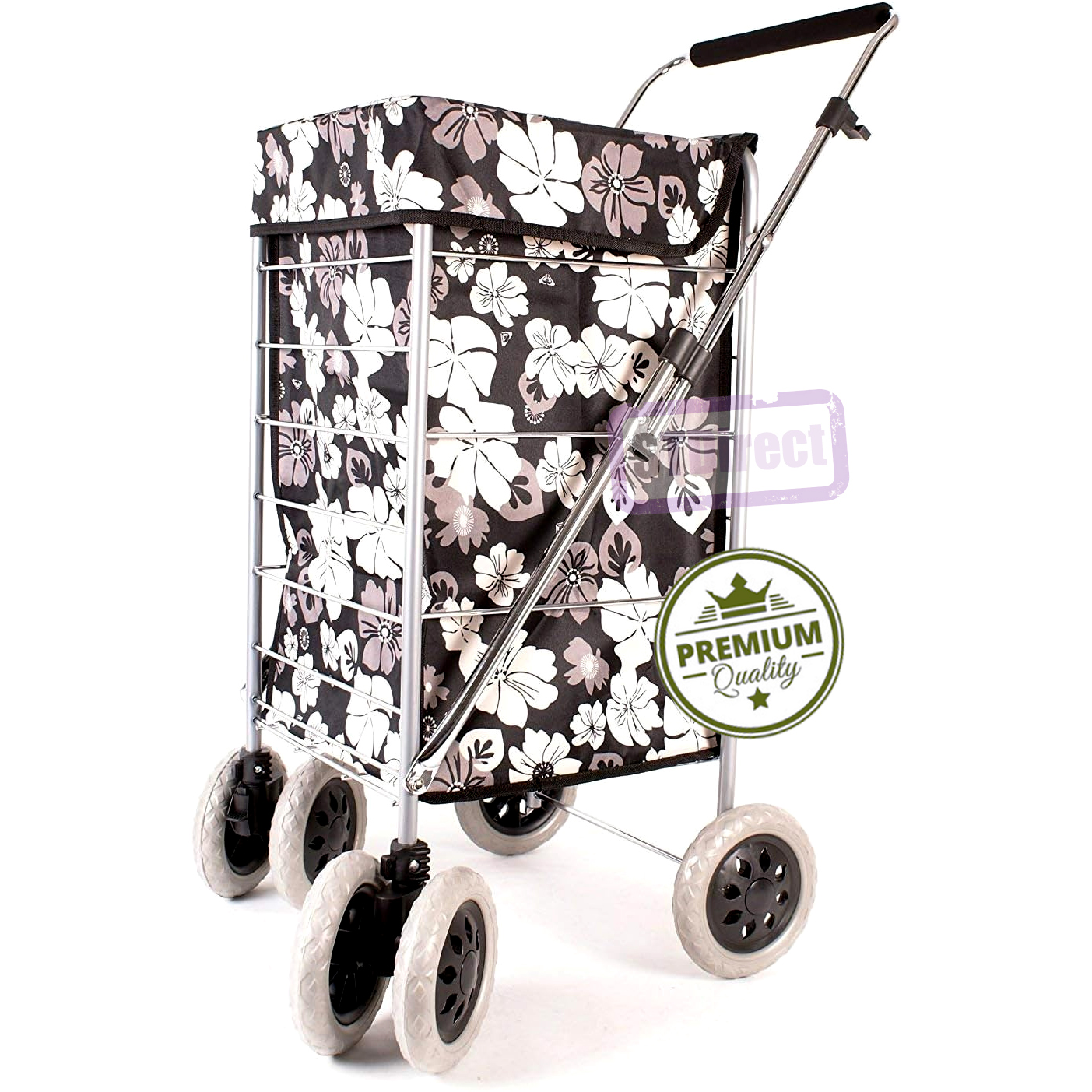 Alaska Premium 6 Wheel Swivel Shopping Trolley with Adjustable Handle Black with Grey and White Floral Print #1
