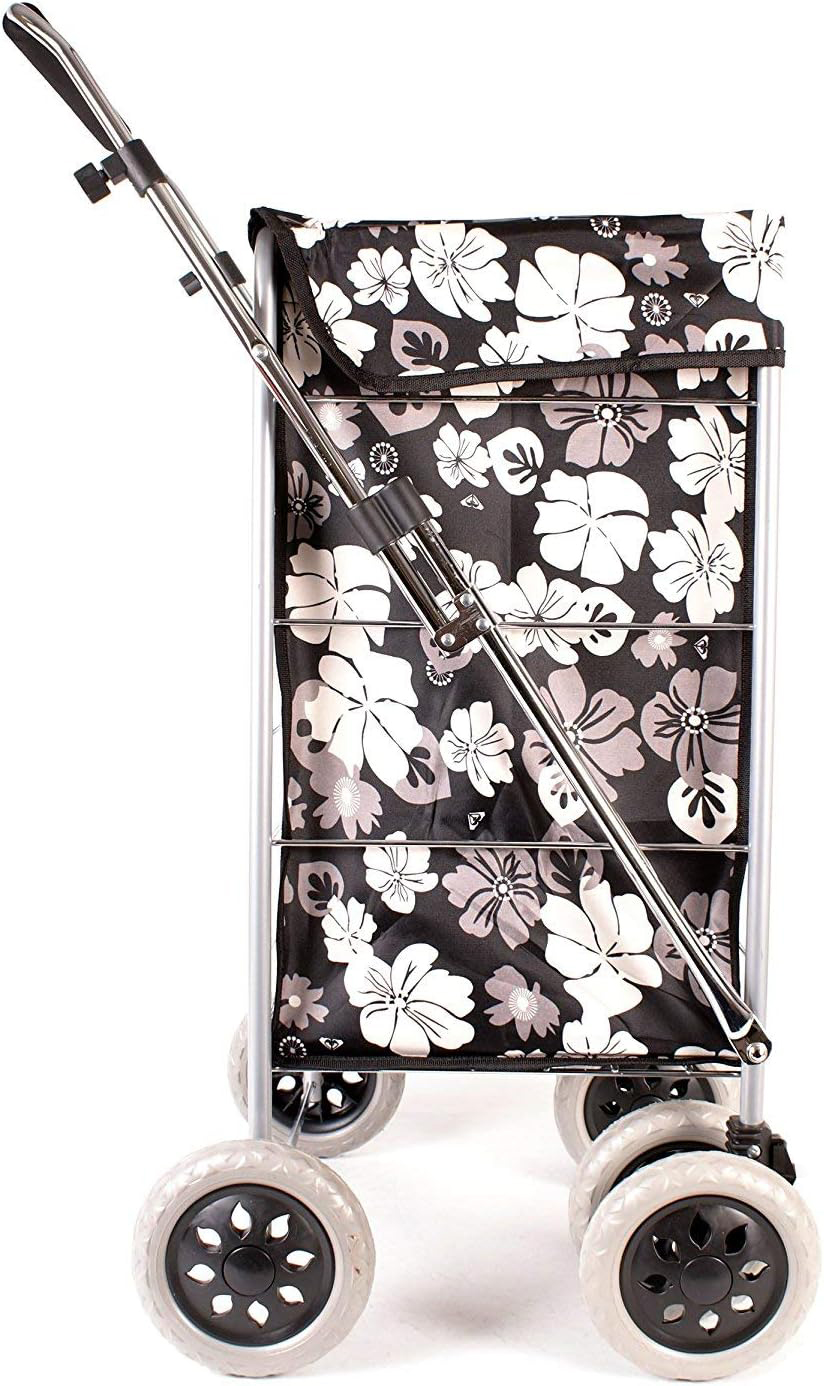Alaska Premium 6 Wheel Swivel Shopping Trolley with Adjustable Handle Black with Grey and White Floral Print #2