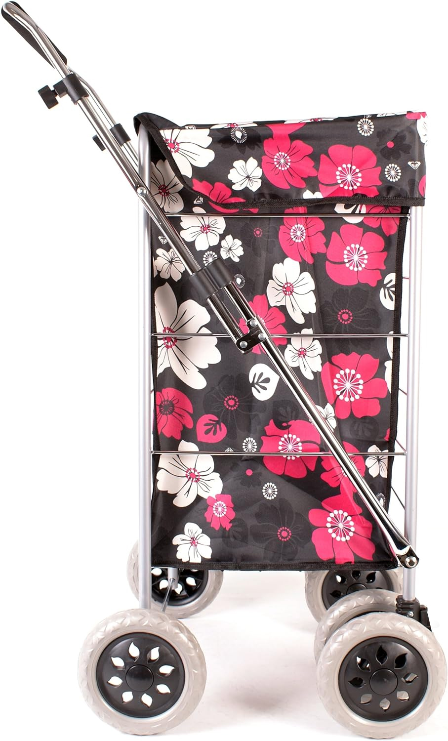 Alaska Premium 6 Wheel Swivel Shopping Trolley with Adjustable Handle Black with Pink and White Floral Print #2