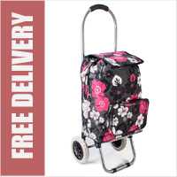 Limited Edition Small Petite 2 Wheel Shopping Trolley with Front Pocket Black with Pink/White Floral
