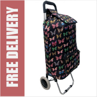 Limited Edition 2 Wheel XL Capacity Shopping Trolley with Front Pocket Black Butterflies Print