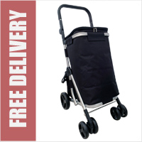 Fully Insulated Compact Foldaway 6 Wheel Swivel Shopping Trolley with Park Brake and Cooler Bag Black