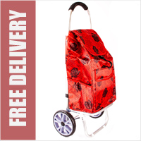 La Rochelle Deluxe 2 Wheel Shopping Trolley with Front and Side Pockets and XL Wheels Red with Black Roses Print