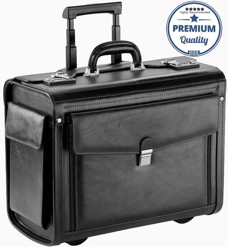 Genuine Leather Professional Laptop Wheeled Pilot Case Briefcase Bag on