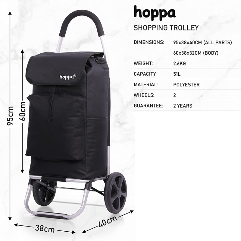 Hoppa Fully Insulated 2 Wheeled Huge Capacity Shopping Trolley with XL Wheels Black #2
