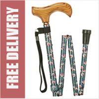 Ladies Green Blue Morris Floral Aluminium Folding 4-Part Walking Stick with Derby Wooden Handle (32.5" to 37")