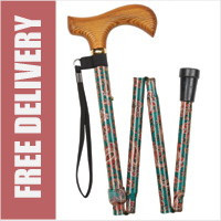 Ladies Green Paisley Aluminium Folding 4-Part Walking Stick with Derby Wooden Handle (32.5" to 37")