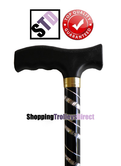 Deluxe Black with Silver Etched Engraved Flecked Stripes Pattern Ladies Adjustable Walking Stick - 23