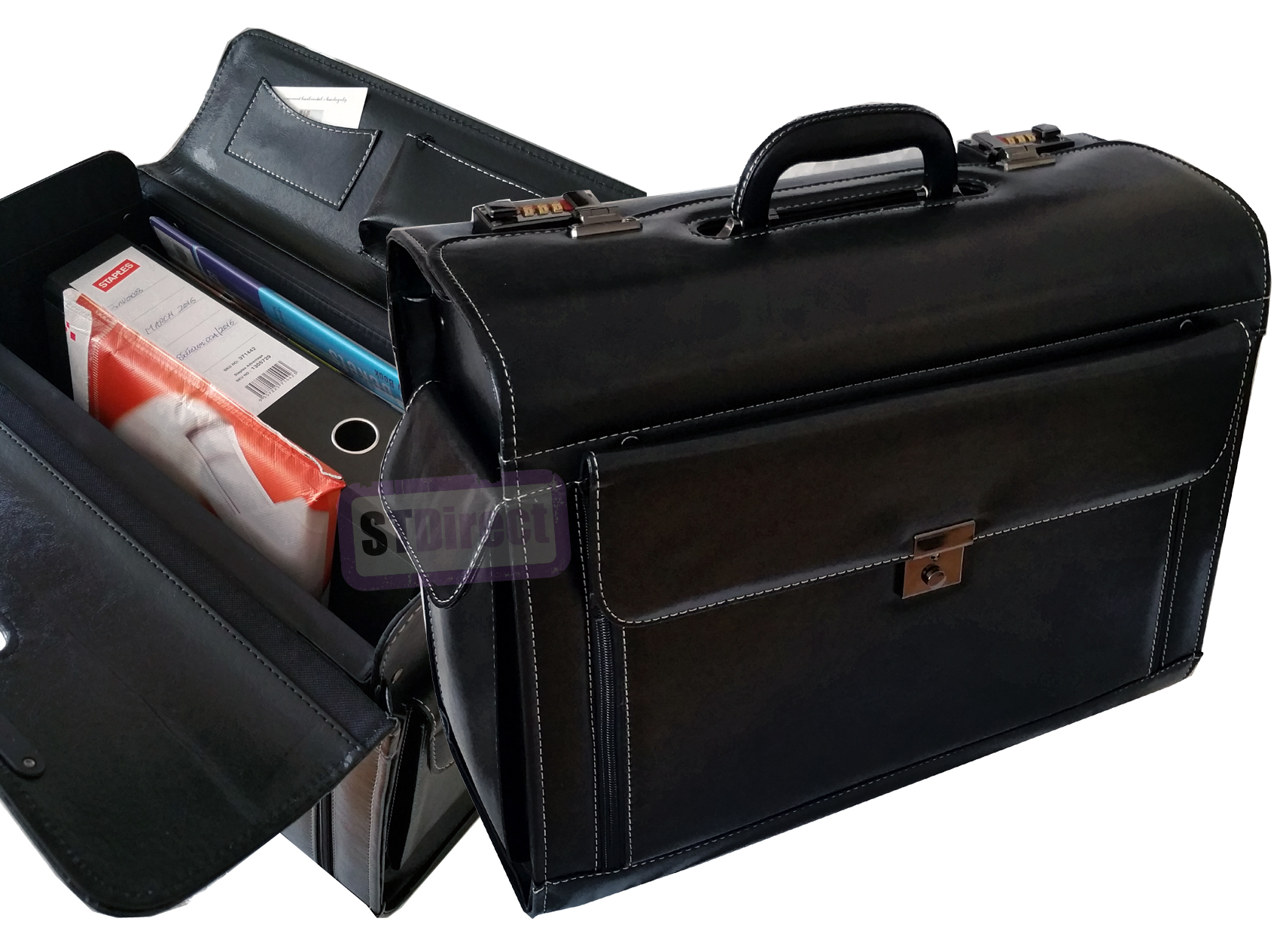 Large Faux Leather Pilot Case Expanding Lockable Concertina Pocket Briefcase Bag