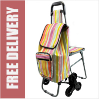 Lifemax Leisure Shopping Trolley with Seat and Triple Wheel Stair Climber Yellow/Multi Striped