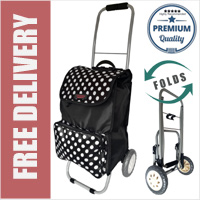 Lorenz Sorrento Folding / Collapsible Frame Premium 2 Wheel Compact Shopping Trolley with Large Front Pocket Black with White Polka Dots