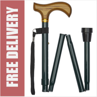 Dark Green Aluminium Folding 4-Part Walking Stick with Derby Wooden Handle (32.5" to 37")