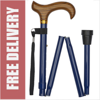 Navy Aluminium Folding 4-Part Walking Stick with Derby Wooden Handle (32.5" to 37")