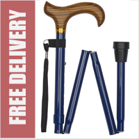 Navy Aluminium Folding 4-Part Walking Stick with Derby Wooden Handle (32.5" to 37")