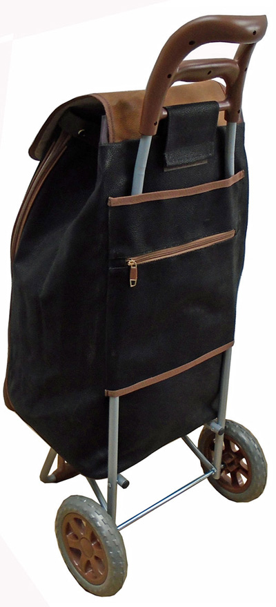 Premium Pebble Grain Leather Look Suede 2 Wheel Shopping Trolley with Extra Large Capacity Expandable Bag Black/Brown #3