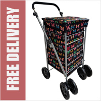Marbella Lightweight 6 Wheel Swivel Shopping Trolley with Adjustable Handle Black with Butterflies