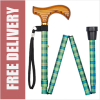 Tartan Pattern Aluminium Folding 4-Part Walking Stick with Derby Wooden Handle (33" to 37")