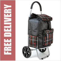 Torino Deluxe 2 Wheel Shopping Trolley with Front and Side Pockets and XL Wheels Black Check