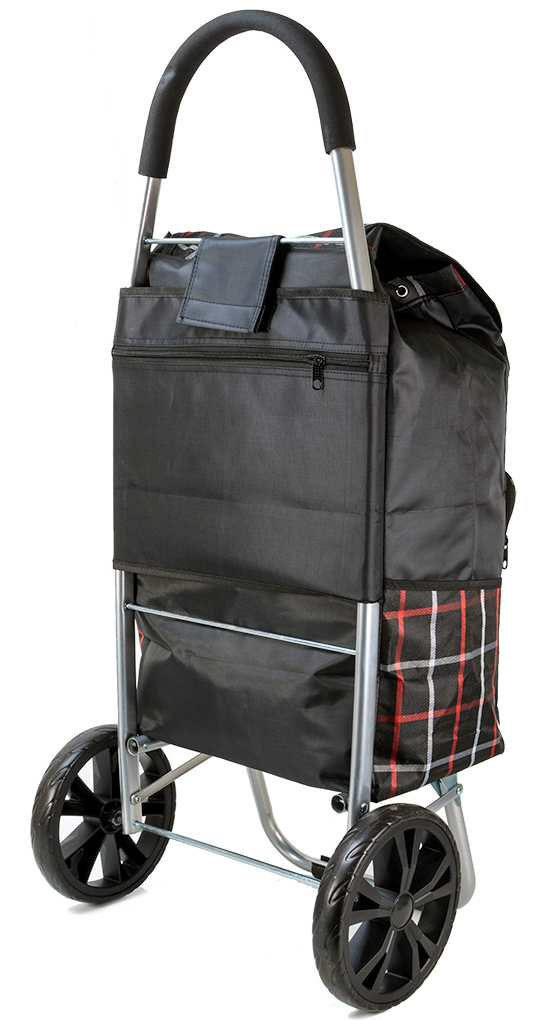 Torino Deluxe 2 Wheel Shopping Trolley with Front and Side Pockets and XL Wheels Black Check #3