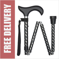 Luxury Ladies Black Engraved Etched Aluminium Folding 4-Part Walking Stick with Derby Handle (33" to 37")