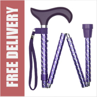 Luxury Ladies Purple Engraved Etched Aluminium Folding 4-Part Walking Stick with Derby Handle (33" to 37")