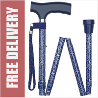 Ladies Blue Paisley Aluminium Folding 4-Part Walking Stick with Escort Handle (33" to 37")