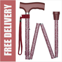 Ladies Red Paisley Aluminium Folding 4-Part Walking Stick with Escort Handle (33" to 37")