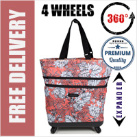 Mini-Maxi Designer Look Expandable Lightweight Folding Shopping Bag on 4 Wheels Floral Coral Print