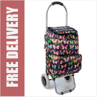 Limited Edition Small Petite 2 Wheel Shopping Trolley with Front Pocket Black with Butterfly Print