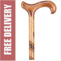 Mens Luxury Wooden Spiral Carved Walking Stick Cane with Scorched Handle - 91cm (36") Height